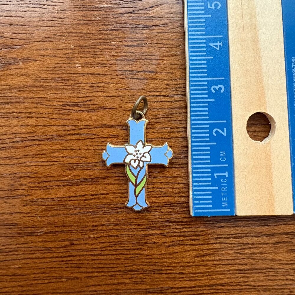 Gold Enamel Cross Charm Pendant – Blue & White Floral